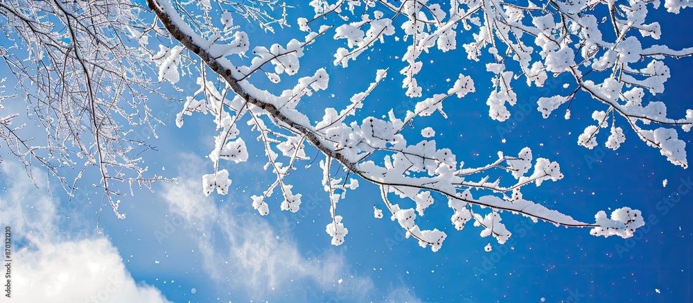 Aufkleber winter scene with snow-covered tree branches against a blue sky, providing ample copy space image.
