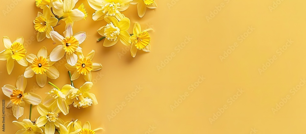 Poster Yellow pastel-colored flowers placed on a yellow backdrop create a spring-themed Happy Easter card; displayed in a flat lay style with a top view showcasing a copious amount of space for additional