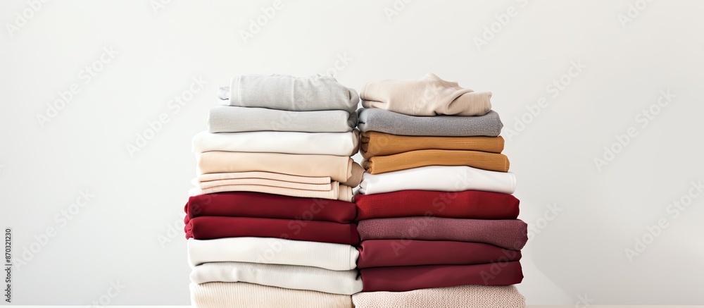 Poster Close-up shot of neatly folded clothes atop a white backdrop with ample copy space image.