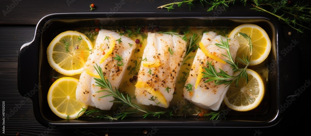 Poster cod fillets with thyme and lemon in baking dish on black wooden table, flat lay composition with cop
