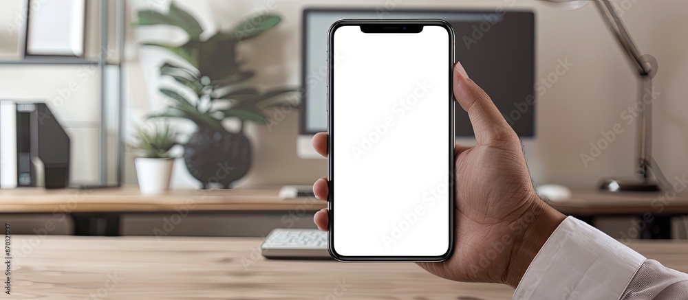 Poster a man's hand holding a mobile phone with a white screen displaying a mockup image on a desk in a hom