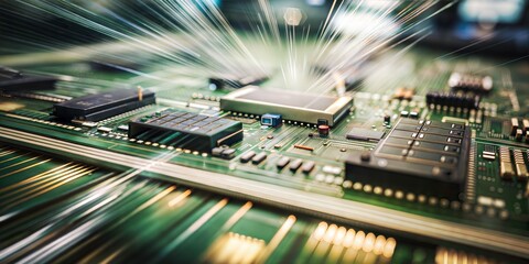 Electronics and technology in an industrial setting. Detailed view of circuit boards and microchips. Perfect for engineering and manufacturing themes, showcasing the complexity of