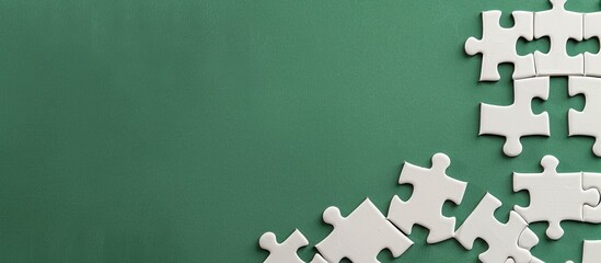 Incomplete white cardboard puzzle on green background with one wrong piece, a missing piece and room for text, symbolizing team building, part missing, seeking replacement. with copy space image