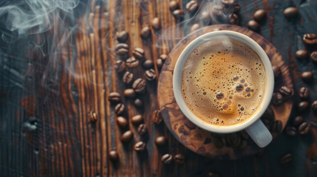 A close-up shot of a steaming cup of coffee on a wooden surface surrounded by coffee beans