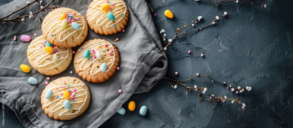 Poster Homemade butter and sugar Easter cookies displayed on a grey linen napkin with copy space image.
