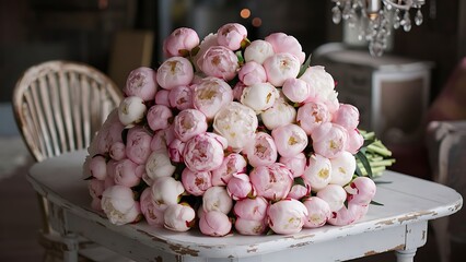Big beautiful pink and white peonies flowers on old table in rustic indoors