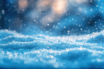 A close-up view of sparkling snow, with light reflecting off the surface and creating a beautiful bokeh effect