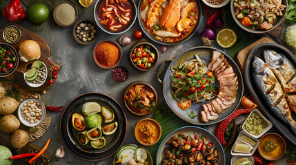 Feast of Flavors. This vibrant image showcases a delectable array of dishes from various cuisines, beautifully arranged to create a feast for the eyes.