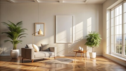 Bright Living Room Interior With Large Windows, Plants And A Comfortable Sofa.