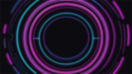 Abstract background of shiny neon circle lines with blur and noise effect on dark background