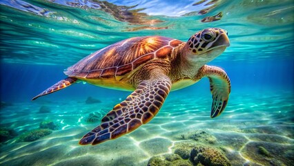 Fototapeta premium Amazing Close-Up Photo Of A Sea Turtle Swimming In The Ocean.