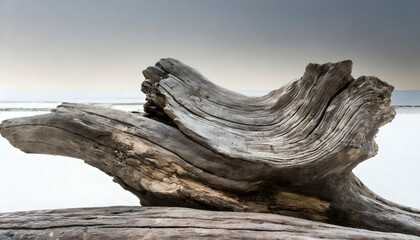 a weathered driftwood log against a stark white background, focusing on the intricate details and the organic beauty of the wood.