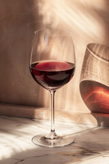 A glass of red wine sits on a marble countertop, illuminated by sunlight streaming through a window