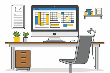Modern office setup with a desktop displaying web design tools showcasing a professional and organized workspace