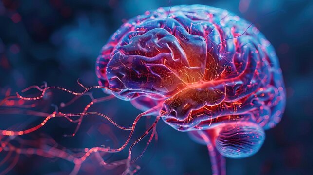 Detailed illustration of the human brain with active neural connections