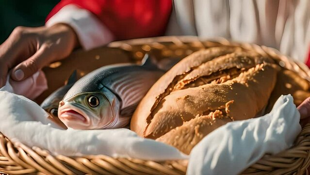 Jesus holding a basket with fish and bread. Symbolizing the miracle of feeding the multitude. Jesus blessing the bread and fish