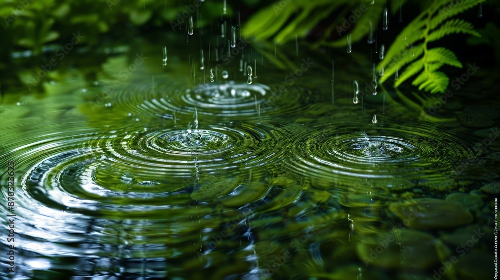 Poster the wonder of watching raindrops dance on the surface of a pond, each drop creating concentric circl
