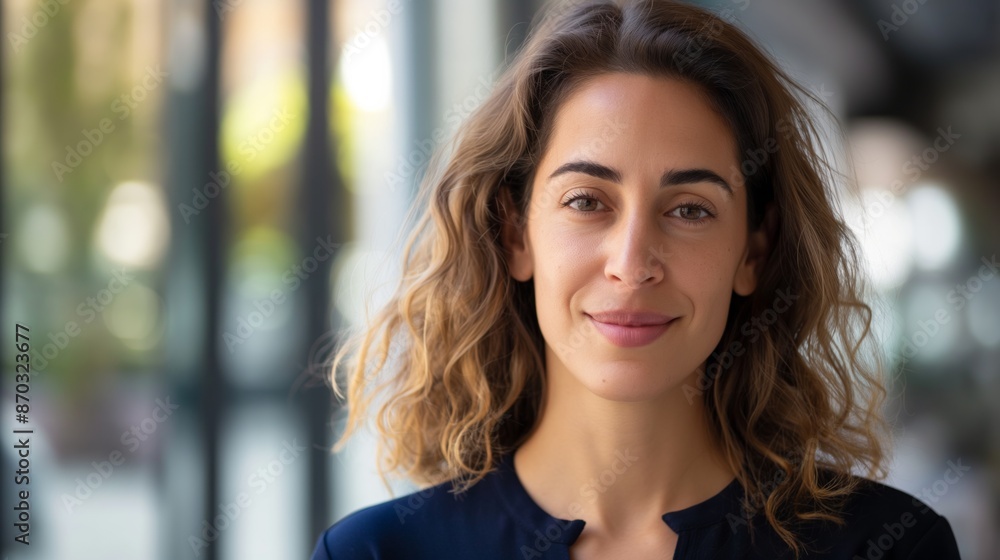 Wall mural Smiling woman with curly brown hair. She is wearing a dark blue shirt and has a natural look.