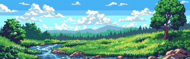 Tranquil Pixel Art Landscape with Stream and Clouds