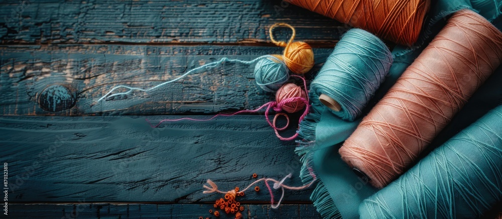 Poster Flat lay composition with threads and crafting accessories on wooden table, space for text. Engaging hobby. Copy space image. Place for adding text or design