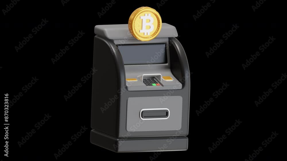 Poster 3d animation of bitcoin atms allow users transactions | alpha channel