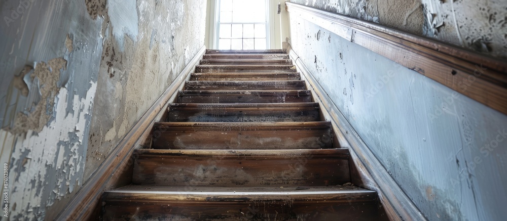Poster a wooden stairway leading up in an old apartment building. with copy space image. place for adding t