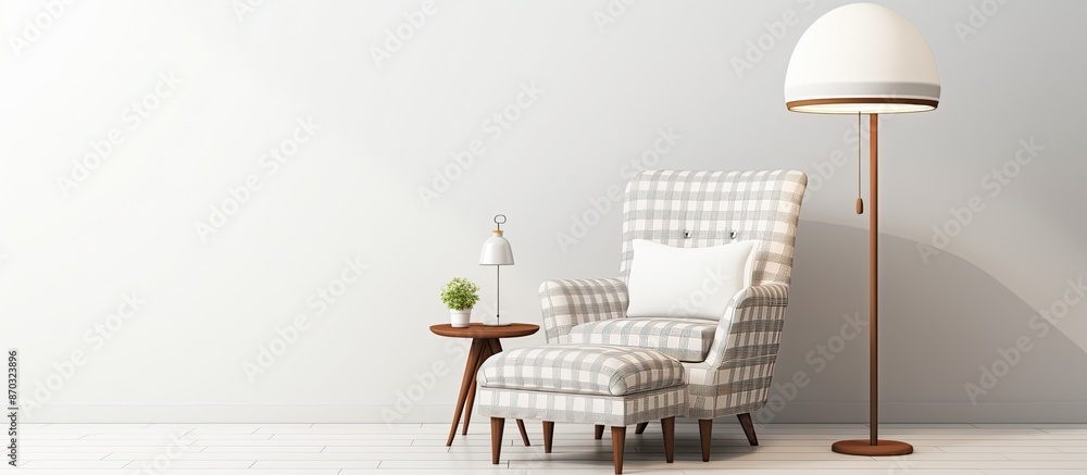 Poster elegant armchair with checkered pattern, floor lamp, ottoman next to white wall, spacious for adding