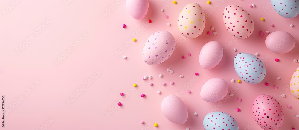 Aufkleber easter-themed banner featuring pastel pink background adorned with colored easter eggs. ideal for in