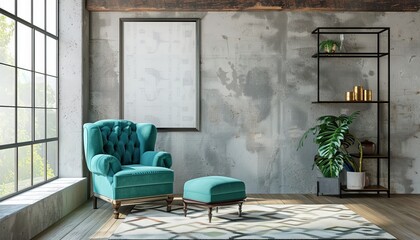 Modern Living Room with Teal Armchair and Ottoman