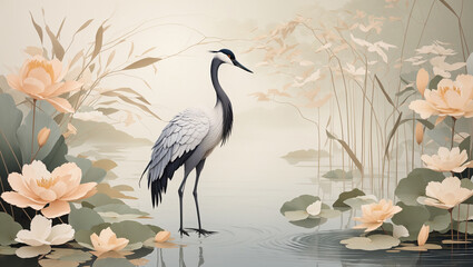 Naklejka premium A white egret with a long black beak stands