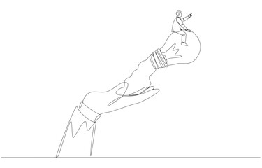 Continuous one line drawing of businessman riding light bulb rocket from big hand, supporting creativity at work concept, single line art.

