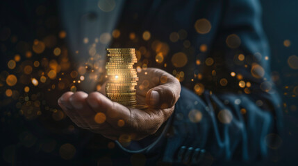 stack of gold coins with businessman hand