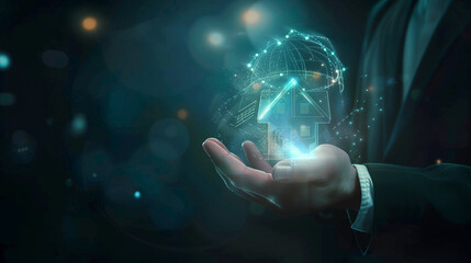 house hologram on businessman hand, real estate business concept
