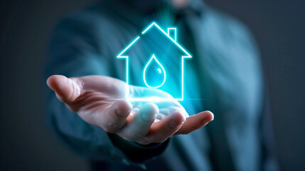 house hologram on businessman hand, real estate business concept