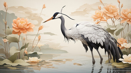 Naklejka premium A white egret with a long black beak stands