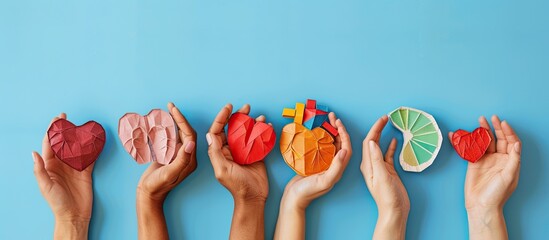 Copy space image featuring paper symbolic representations of liver, heart, eye, kidney, and lung held by human hands, illustrating the concept of organ donation & transplantation in healthcare.