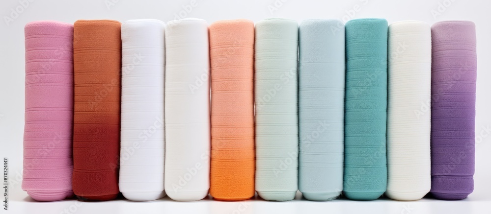 Aufkleber Rolled terry towels arranged in tubular shapes on a white backdrop, with space for adding images. with copy space image. Place for adding text or design