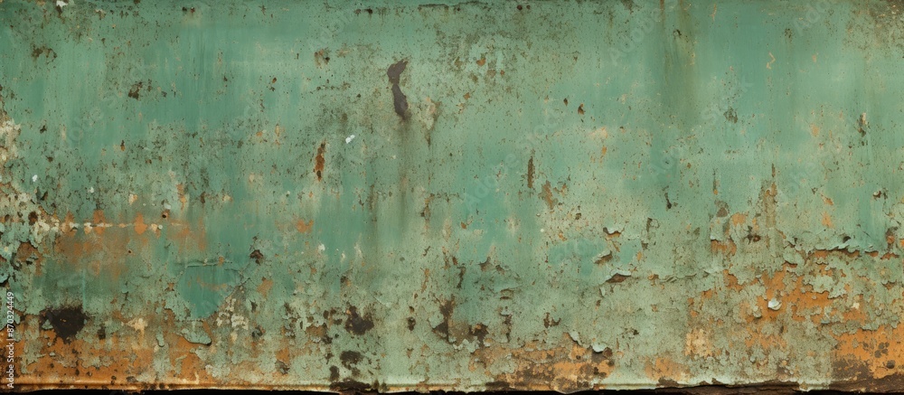 Poster old rusty metal plate with peeling green paint, showcasing a weathered appearance against a backdrop