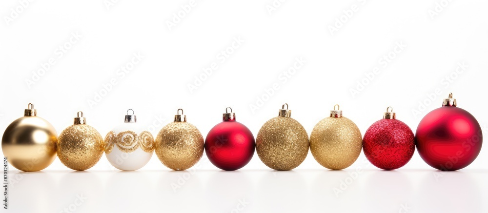 Poster christmas-themed card featuring golden and red ornaments against a white backdrop, ideal for the fes