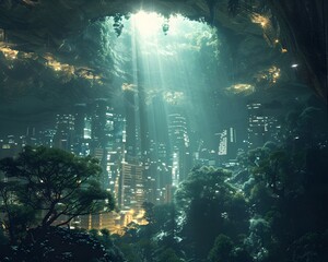 Obraz premium Subterranean City Illuminated by Radiant Artificial Sunlight in Futuristic Sci Fi Landscape