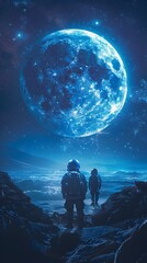 Fototapeta premium Explorers Mapping Uncharted Territories on a Newly Discovered Moon with Augmented Reality Technology