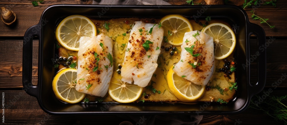 Poster cod fillets with thyme and lemon in baking dish on black wooden table, flat lay composition with cop
