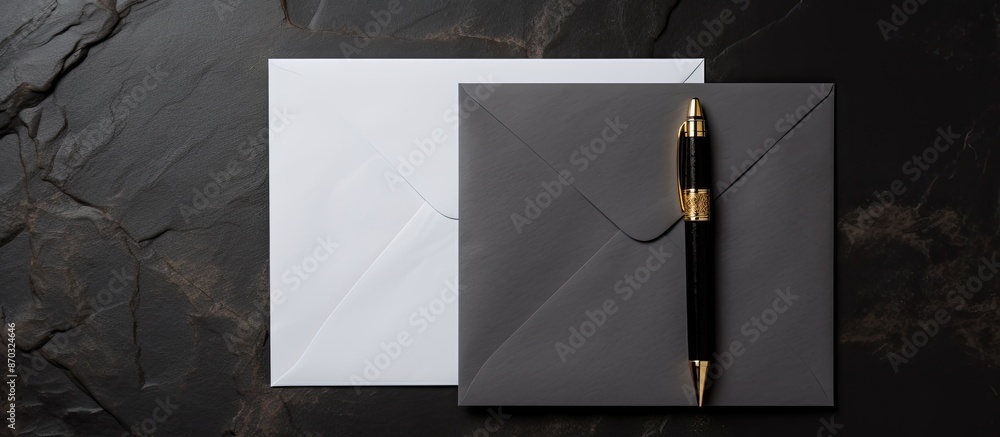 Poster blank paper envelope, pen, and clip on a black stone background, creating a blank stationery templat
