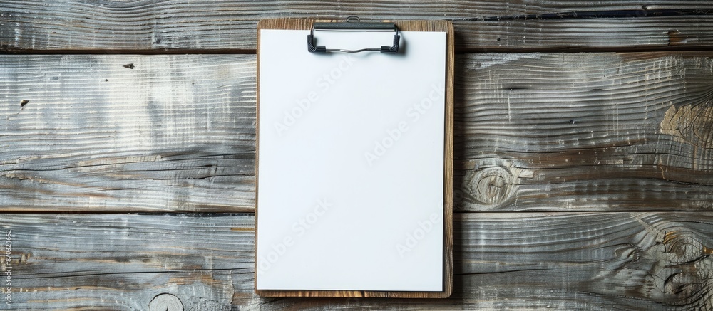 Poster Top view of a clipboard with a blank white paper on a wooden surface, suitable for adding design elements in a copy space image.
