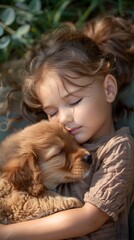 Fototapeta premium Serene Slumber Child and Puppy Napping in Sunny Backyard