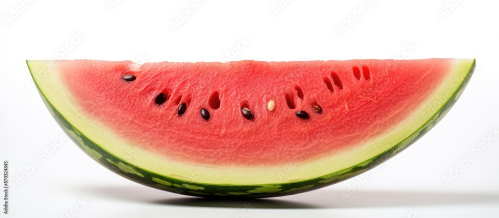 Poster a single slice of watermelon displayed in a studio setting against a white backdrop with available c