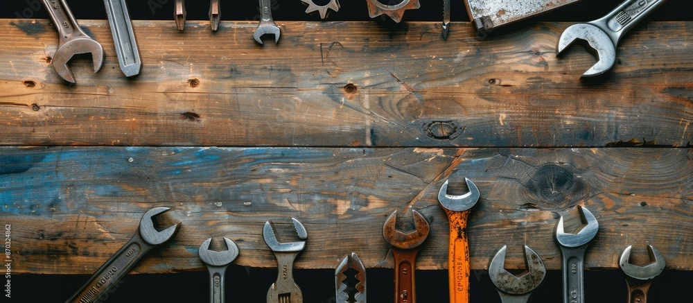 Poster Various tools arranged on a wooden backdrop with copy space image available.