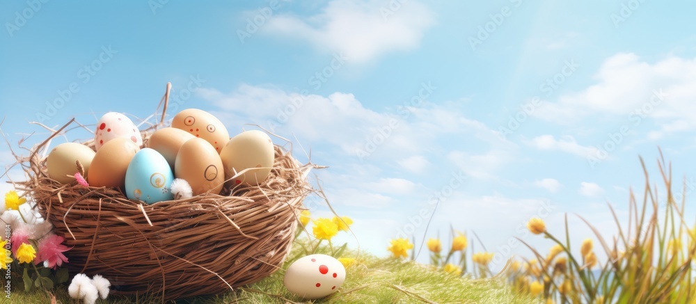 Poster Easter greetings with a basket of eggs on sunny spring day - ideal Easter-themed backdrop for text with copy space image.