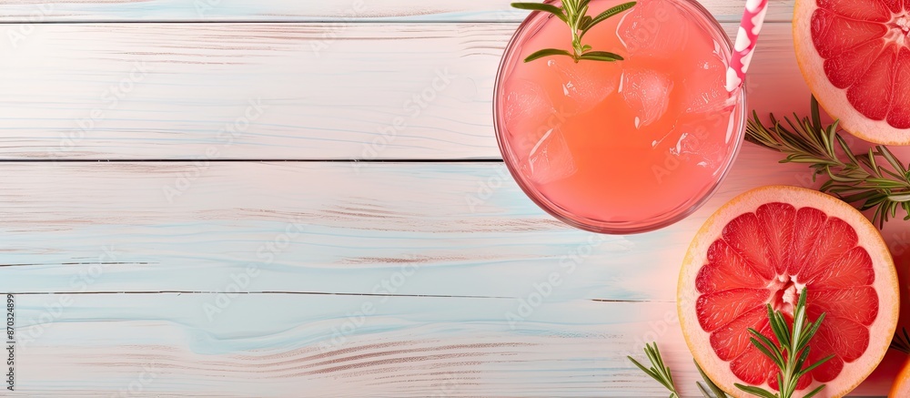 Fototapete top-down view of a delicious grapefruit beverage with ice, garnished with rosemary and fruits, set o