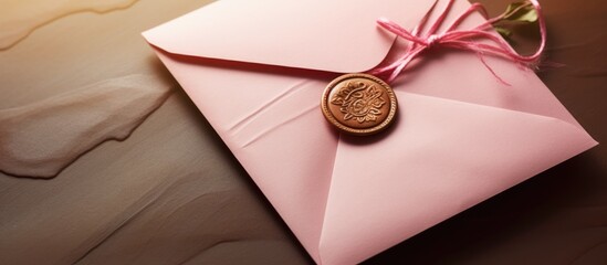 Invitation card with sealing wax stamp on a paper pink envelope, with a copy space image.